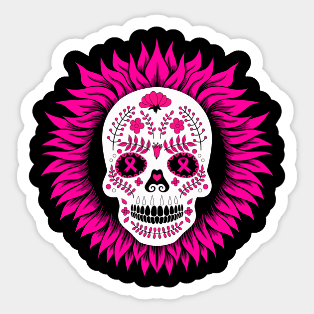 breast cancer oink sugar skull sunflower Sticker by TeesCircle